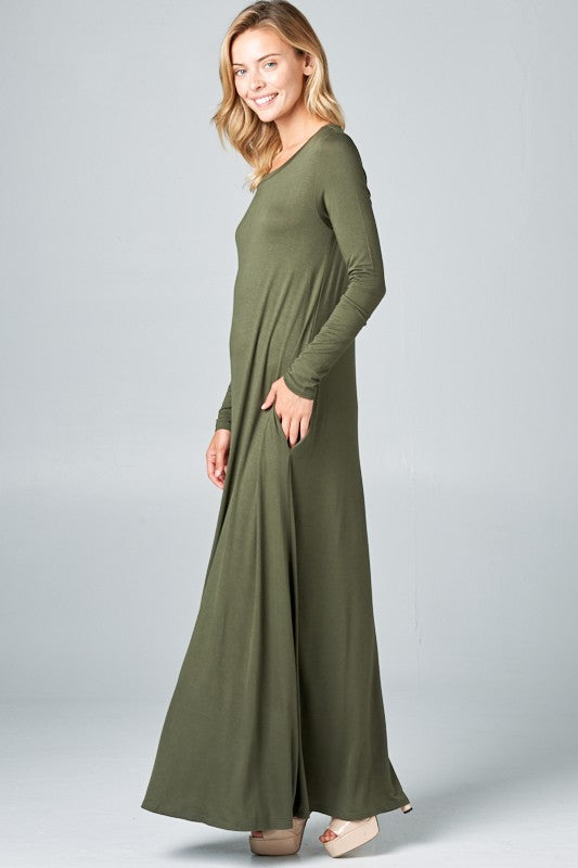 SOLID LONG SLEEVE SIDE POCKET MAXI DRESS