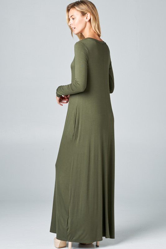 SOLID LONG SLEEVE SIDE POCKET MAXI DRESS