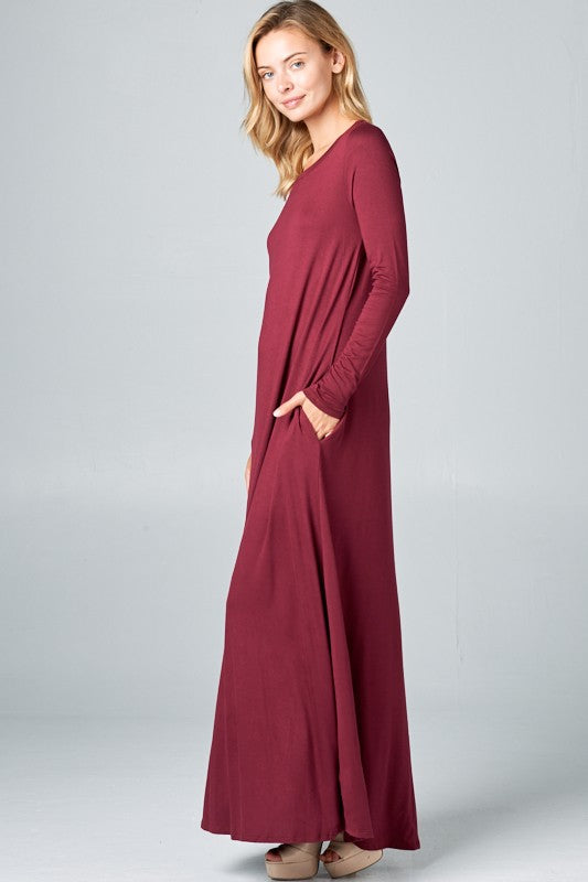 SOLID LONG SLEEVE SIDE POCKET MAXI DRESS