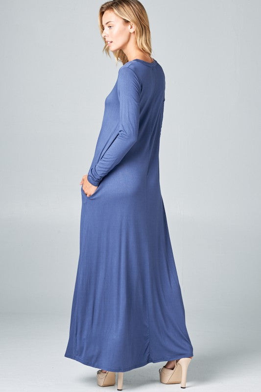 SOLID LONG SLEEVE SIDE POCKET MAXI DRESS