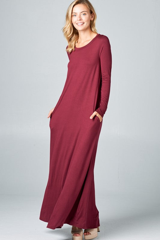 SOLID LONG SLEEVE SIDE POCKET MAXI DRESS