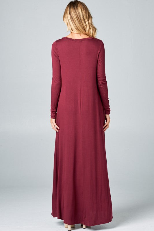 SOLID LONG SLEEVE SIDE POCKET MAXI DRESS