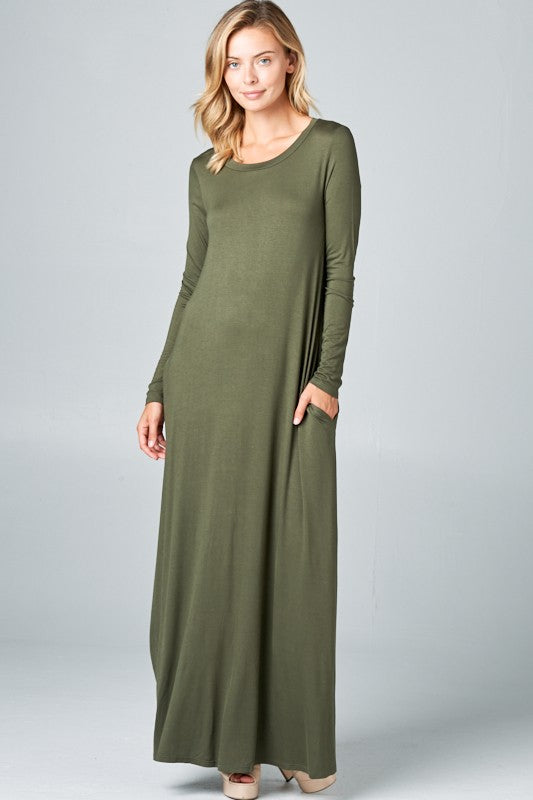 SOLID LONG SLEEVE SIDE POCKET MAXI DRESS