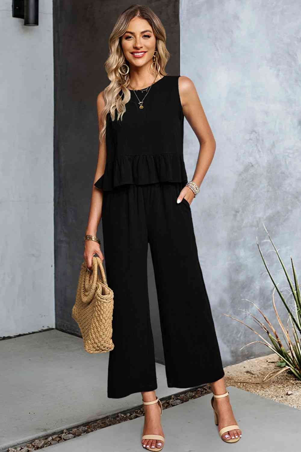 Decorative Button Ruffle Hem Tank and Pants Set