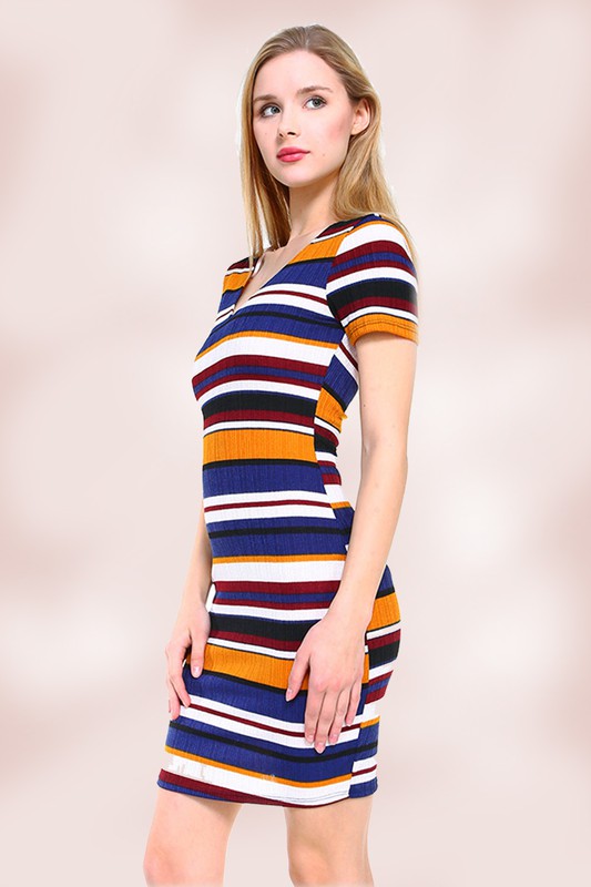 Multi Stripe V Neck Short Sleeve Dress