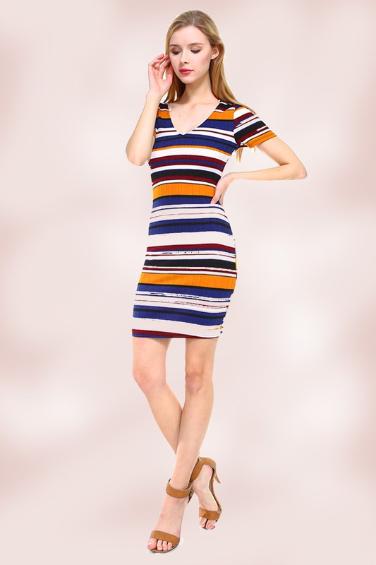 Multi Stripe V Neck Short Sleeve Dress