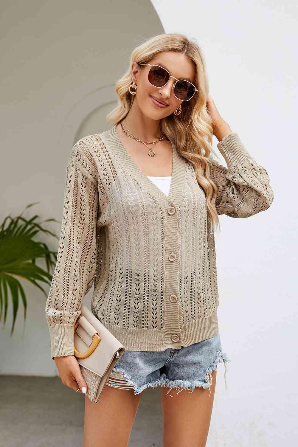 Openwork Button Front V-Neck Cardigan