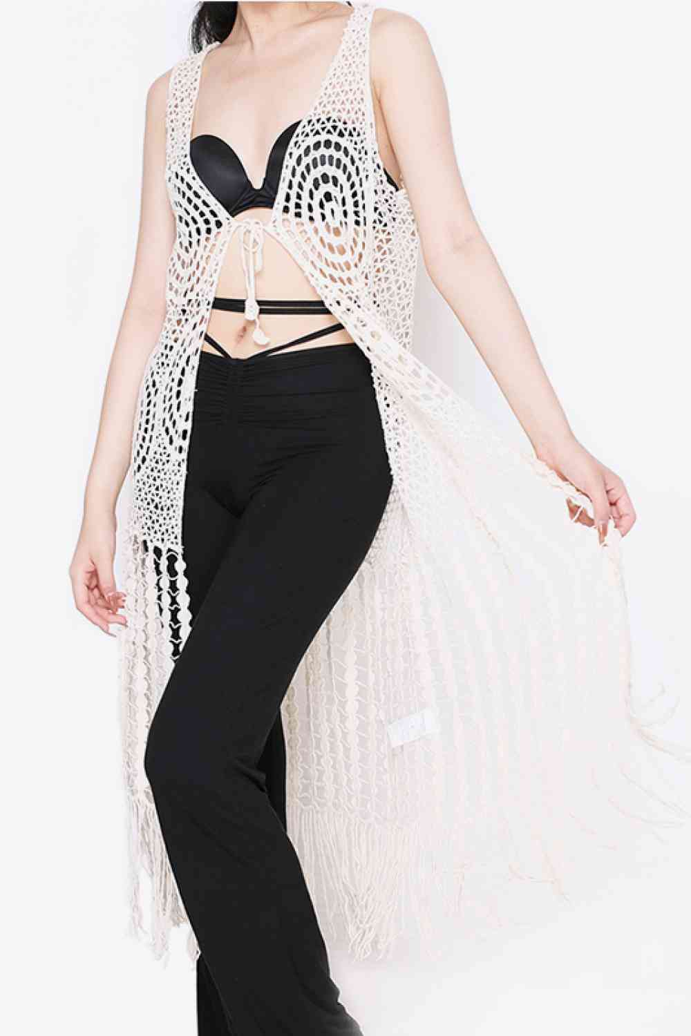 Tie Front Fringe Hem Sleeveless Cover Up