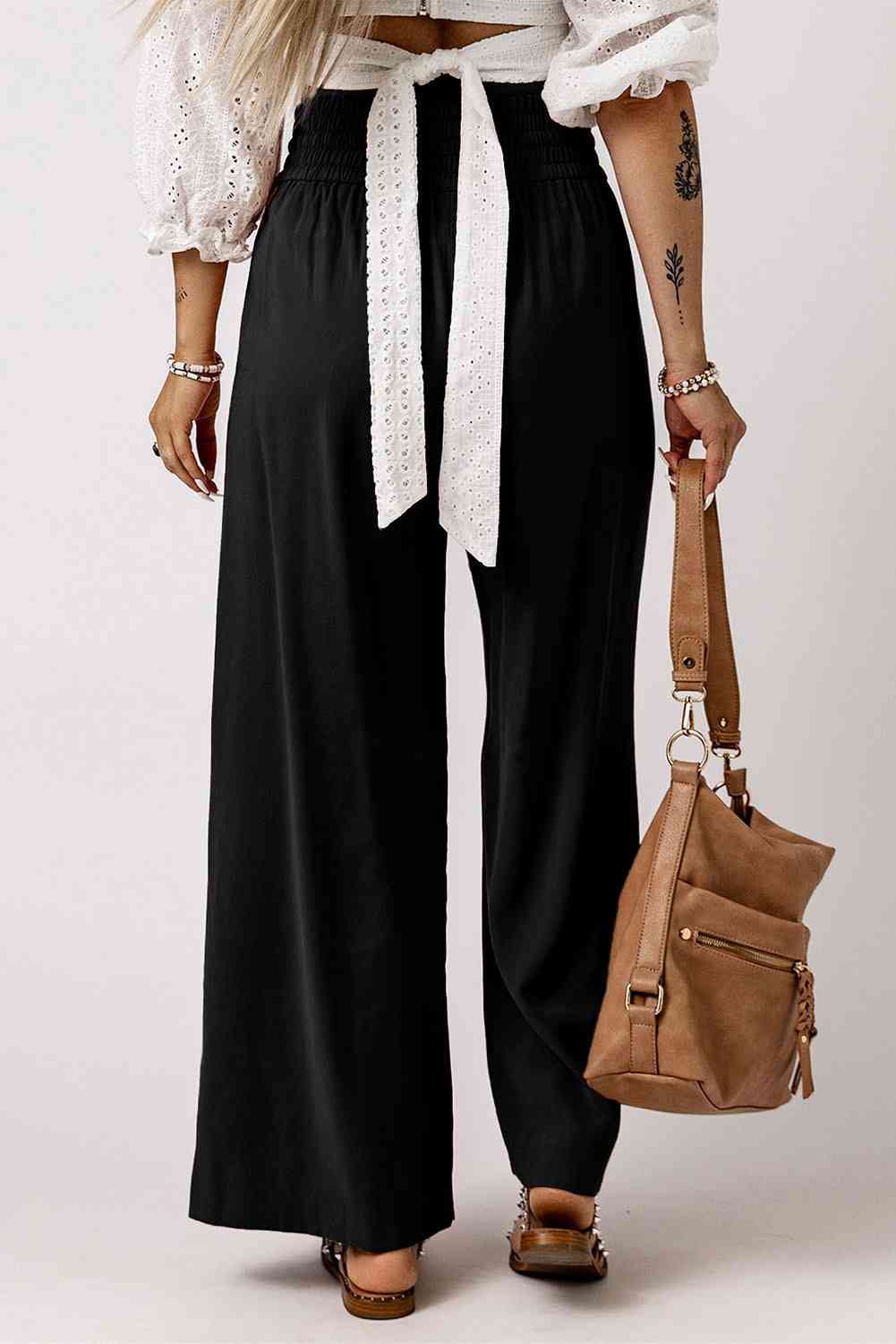 Drawstring Smocked Waist Wide Leg Pants