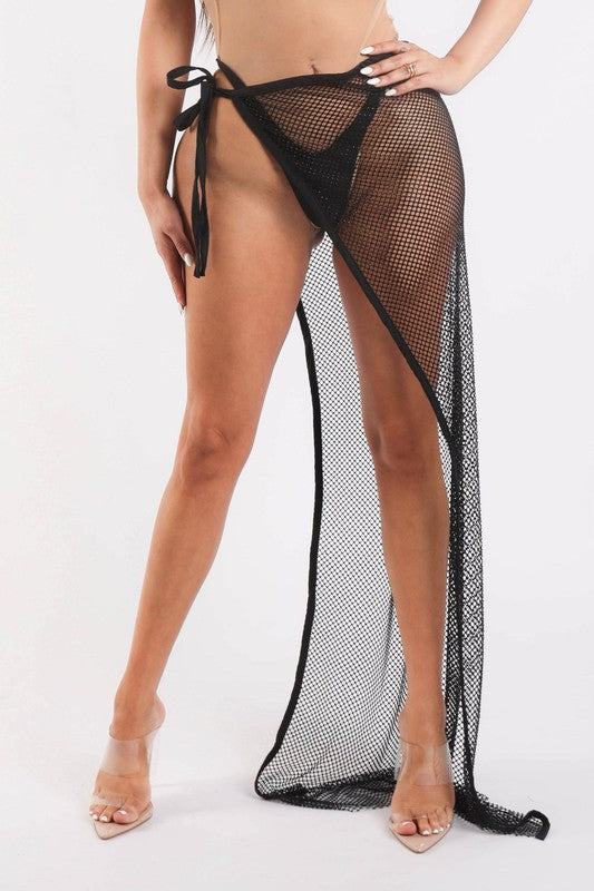 Rhinestone Detailed Fishnet Tie Maxi Coverup