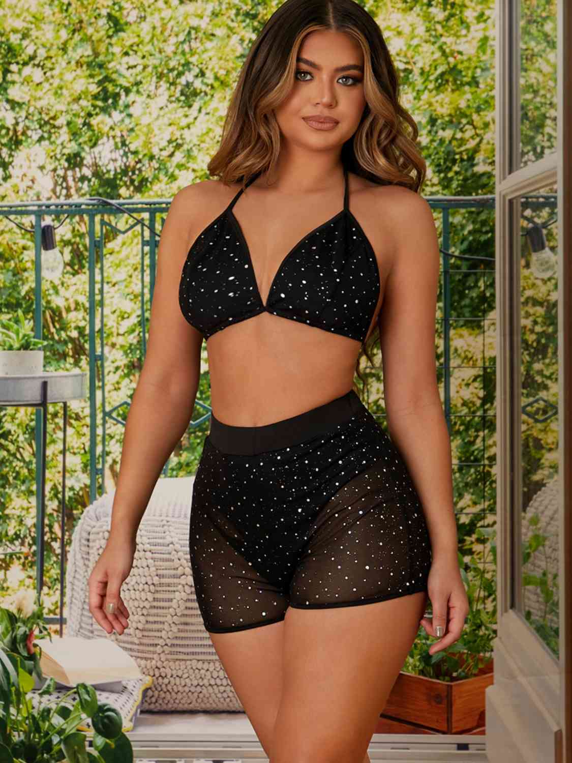 Rhinestone Halter Neck Bralette and Shorts Set