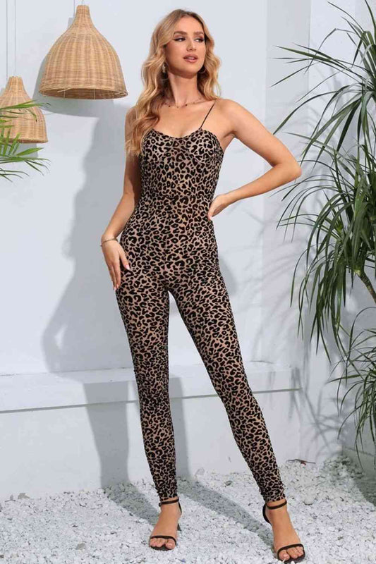 Leopard Spaghetti Strap Skinny Jumpsuit