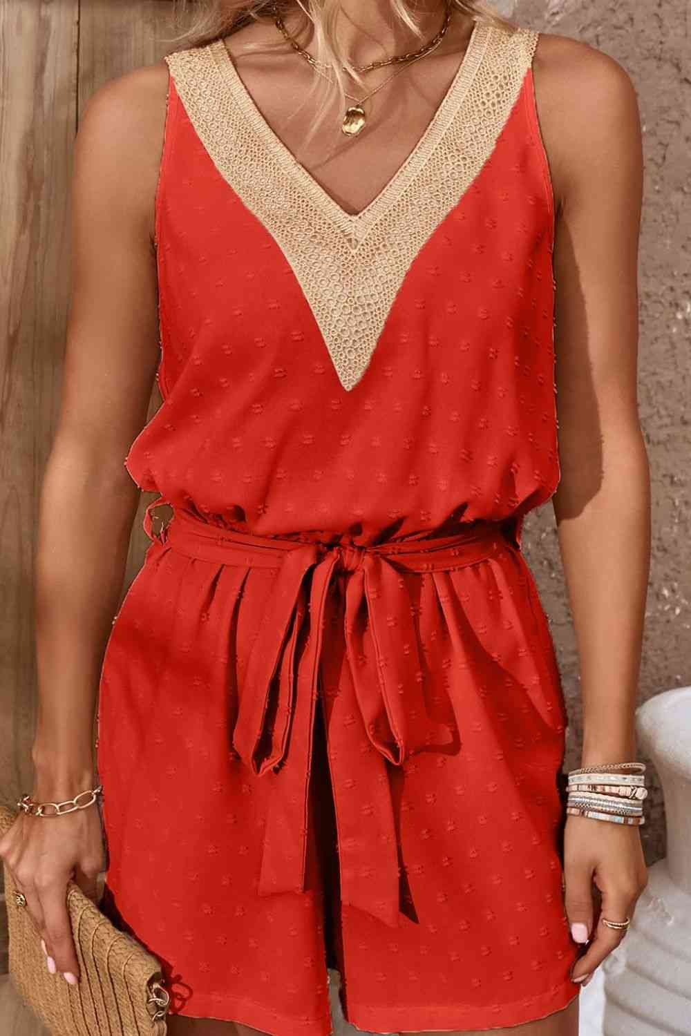 Swiss Dot Contrast Tie Waist Romper