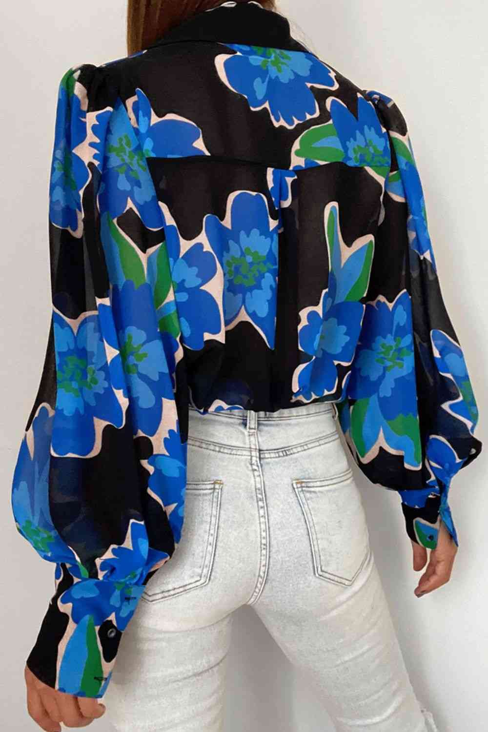 Double Take Flower Print Collared Neck Lantern Sleeve Shirt