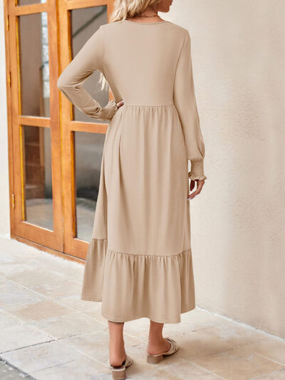 Round Neck Lantern Sleeve Ruffle Hem Dress