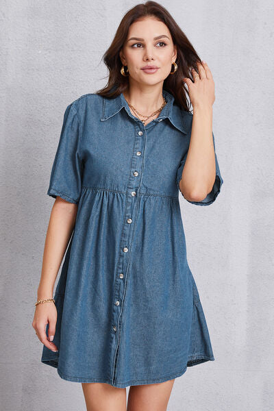 Button Up Collared Neck Tiered Denim Dress