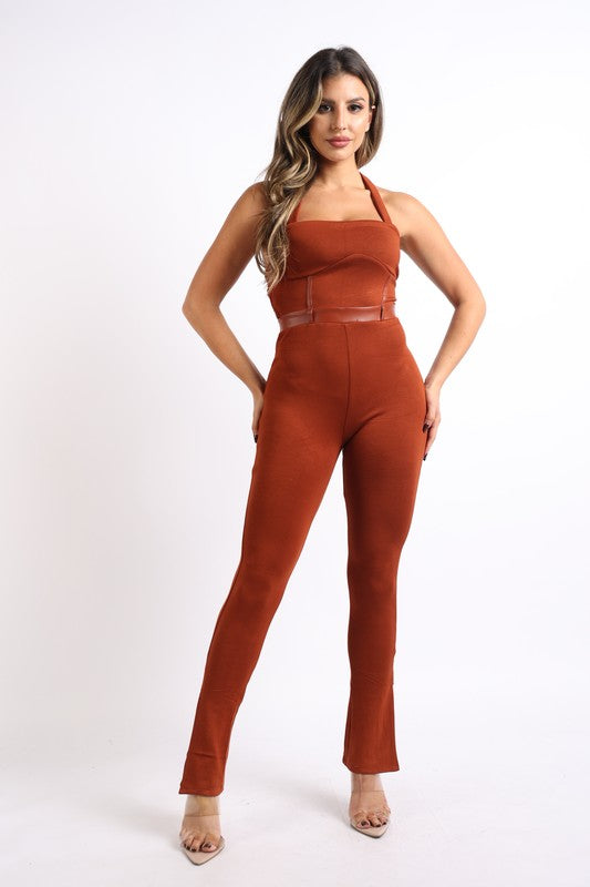 Matte PU lace up detailed jumpsuit