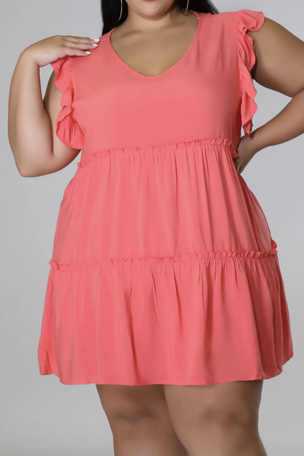 Plus Size V-Neck Frill Trim Mini Dress