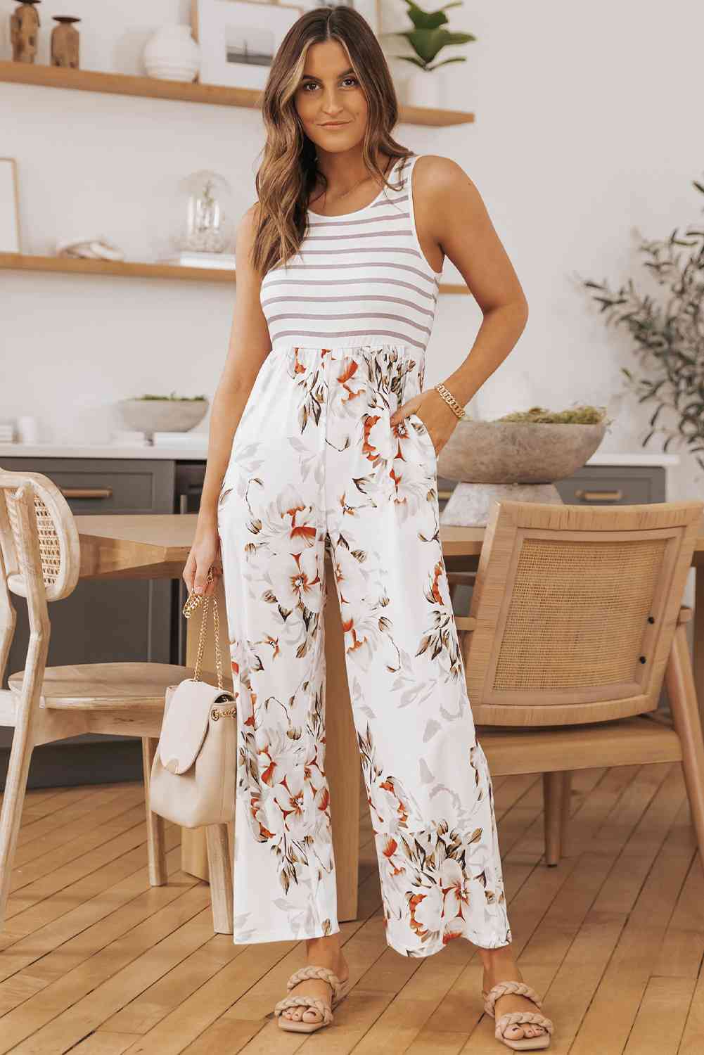 Striped Floral Sleeveless Wide Leg Jumpsuit with Pockets