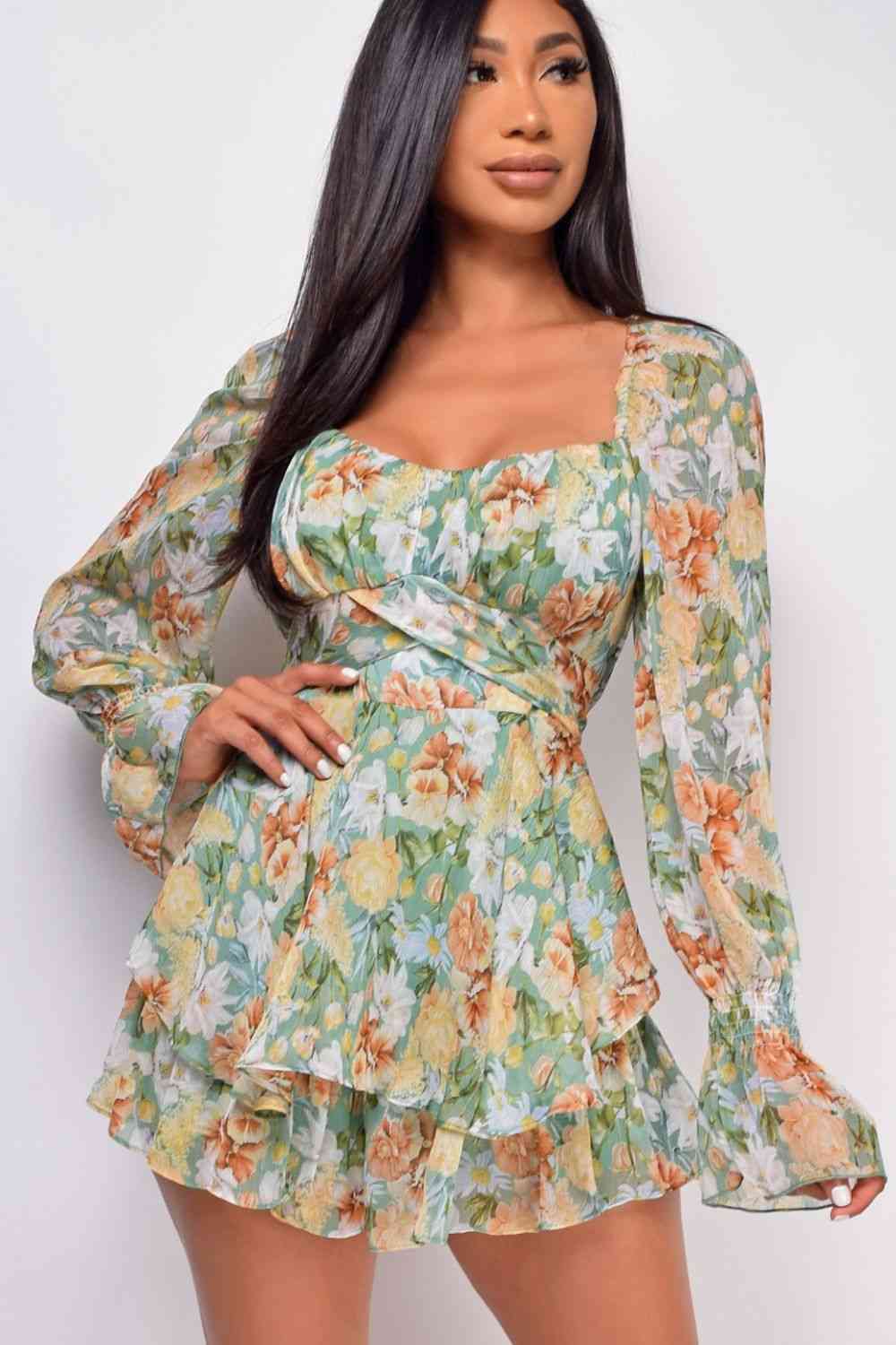 Floral Sweetheart Neck Flounce Sleeve Romper