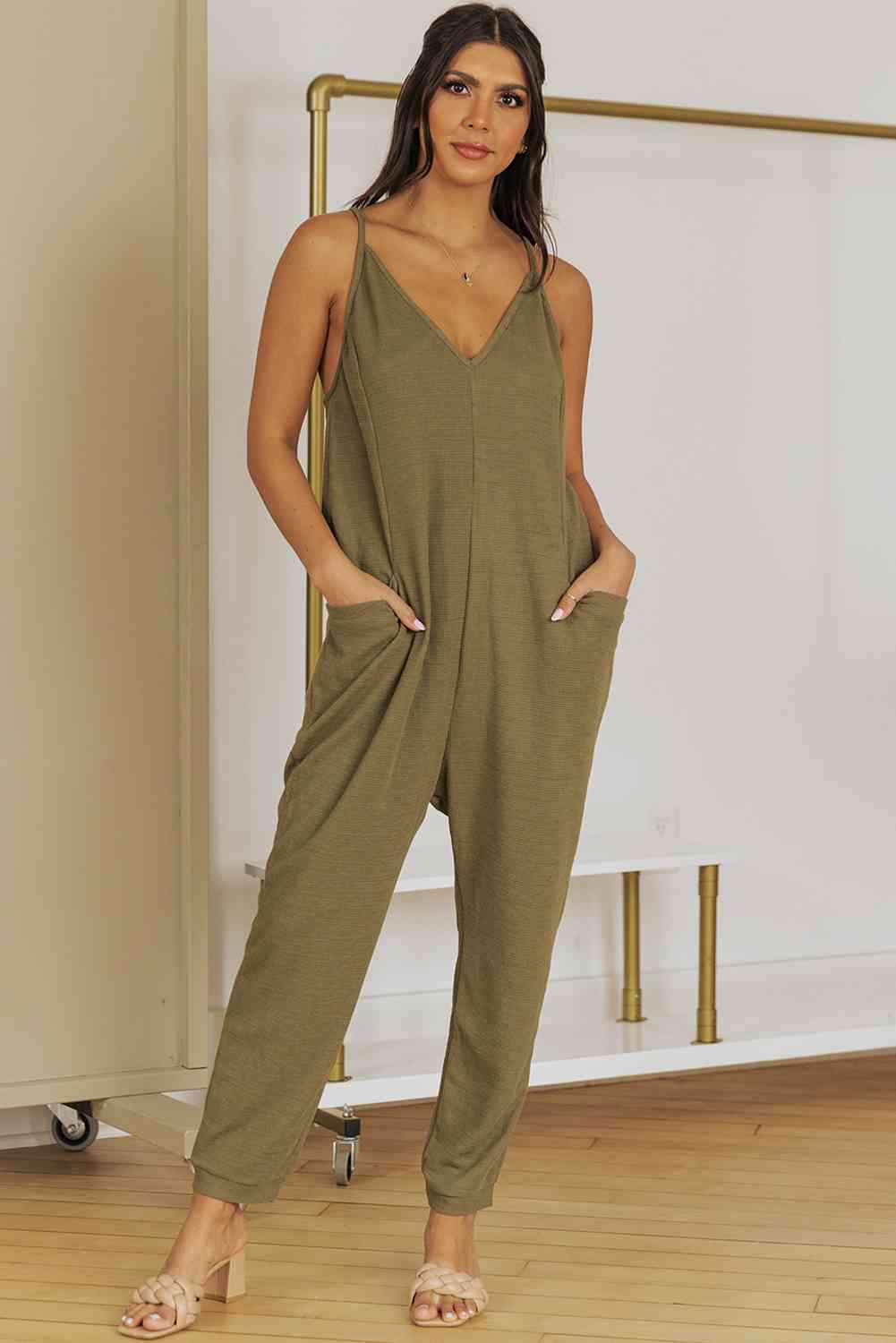 Spaghetti Strap Deep V Jumpsuit with Pockets