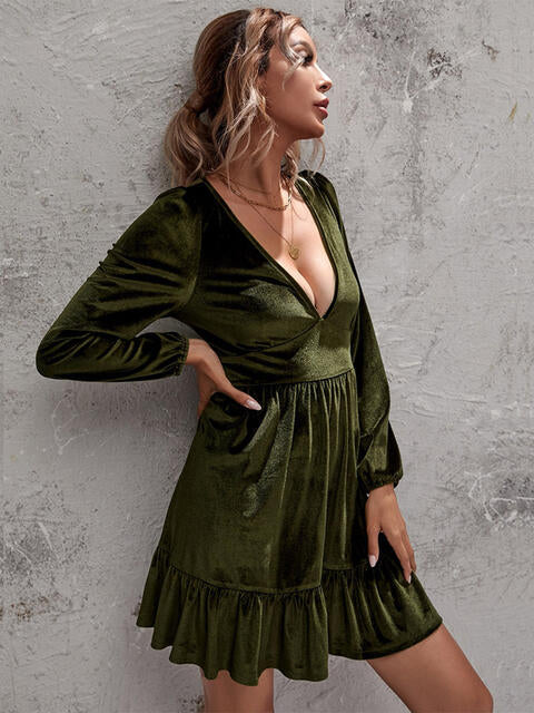 Plunge Long Sleeve Ruffle Hem Dress