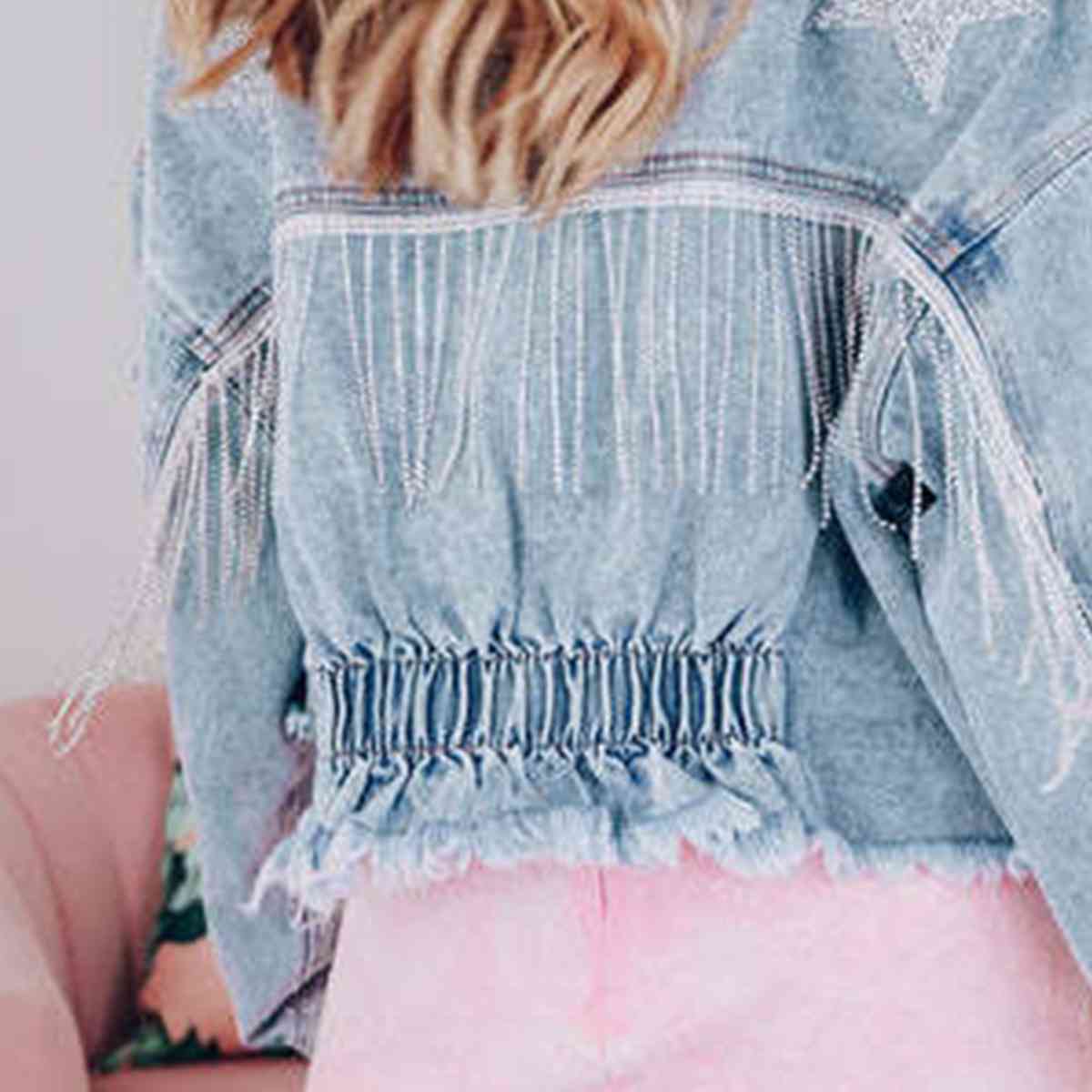 Star Raw Hem Fringe Detail Denim Jacket