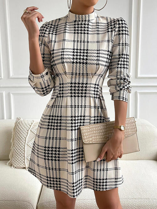 Houndstooth Mock Neck Cinched Mini Dress