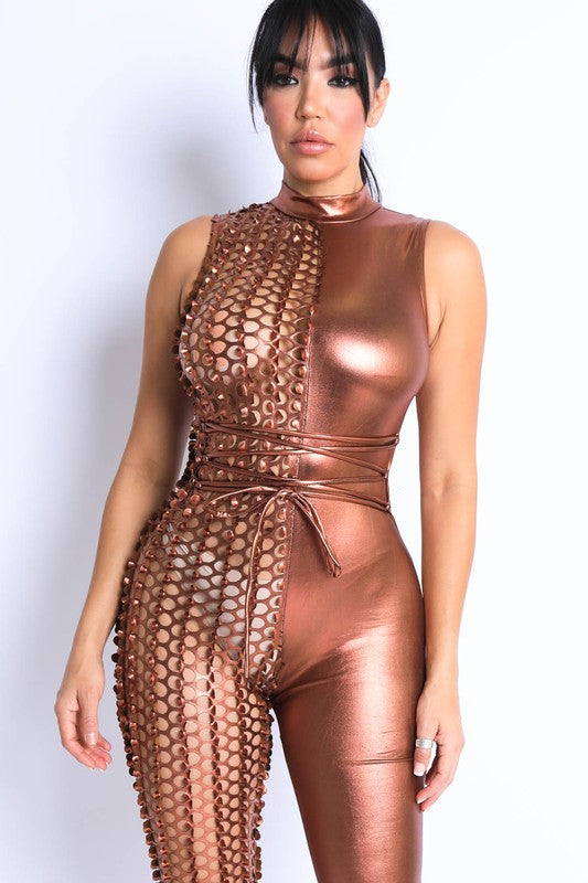 Laser cut lame mixed jumpsuit