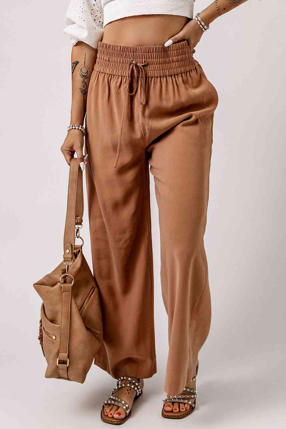 Drawstring Smocked Waist Wide Leg Pants