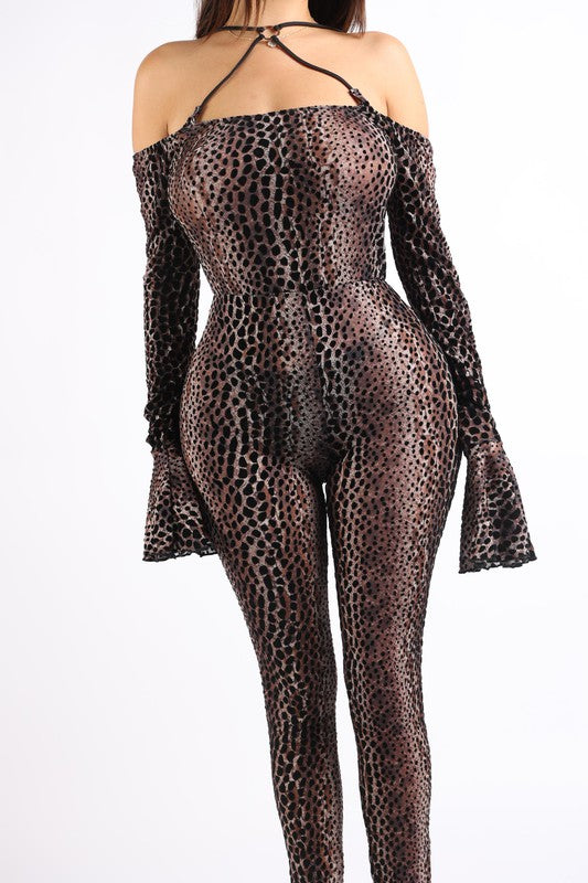 Cheetah Flared Sleeve O-Ring Off Shoulder Jumpsuit