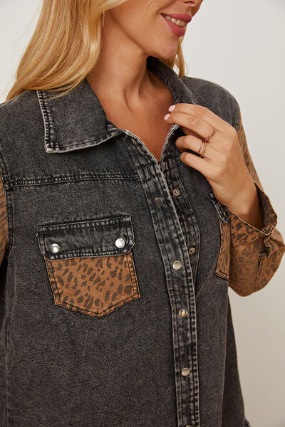 Leopard Raw Hem Pocketed Denim Jacket