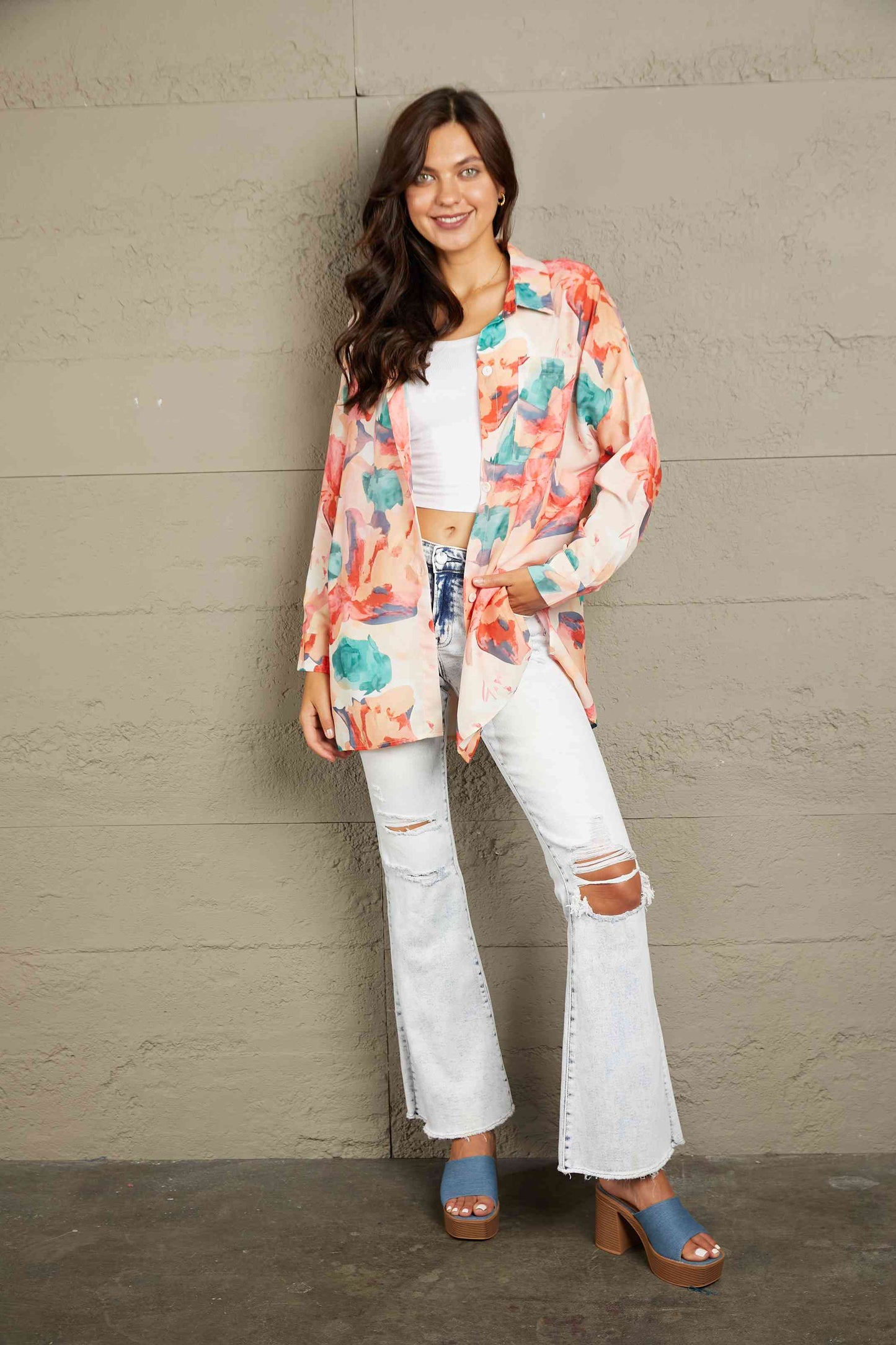 Double Take Floral Long Sleeve Slit Longline Shirt