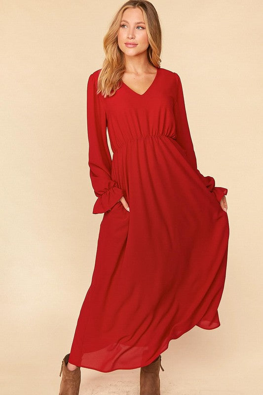 PUFF RUFFLE HEM SLEEVE WOVEN MAXI LINED DRESS