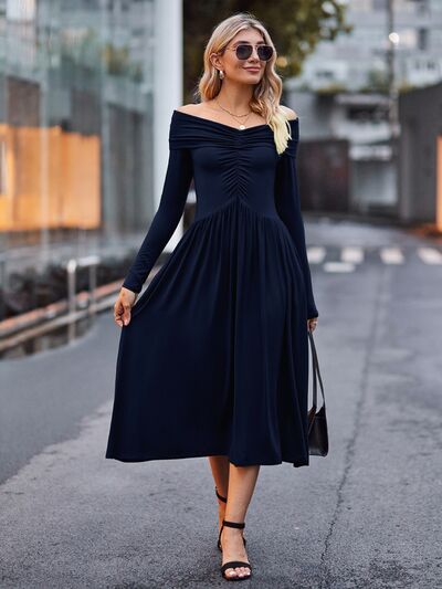 Ruched Off-Shoulder Midi Dress