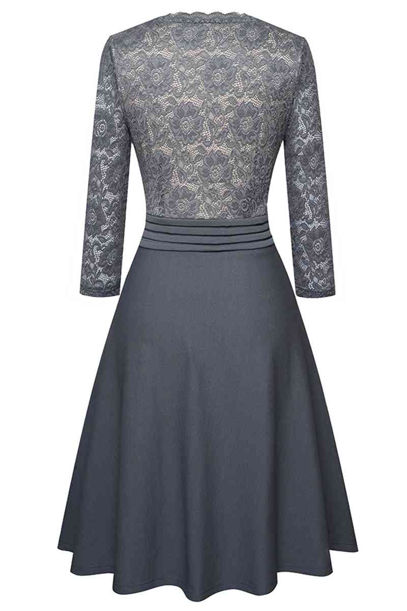 V-Neck Lace Detail Knee-Length Dress