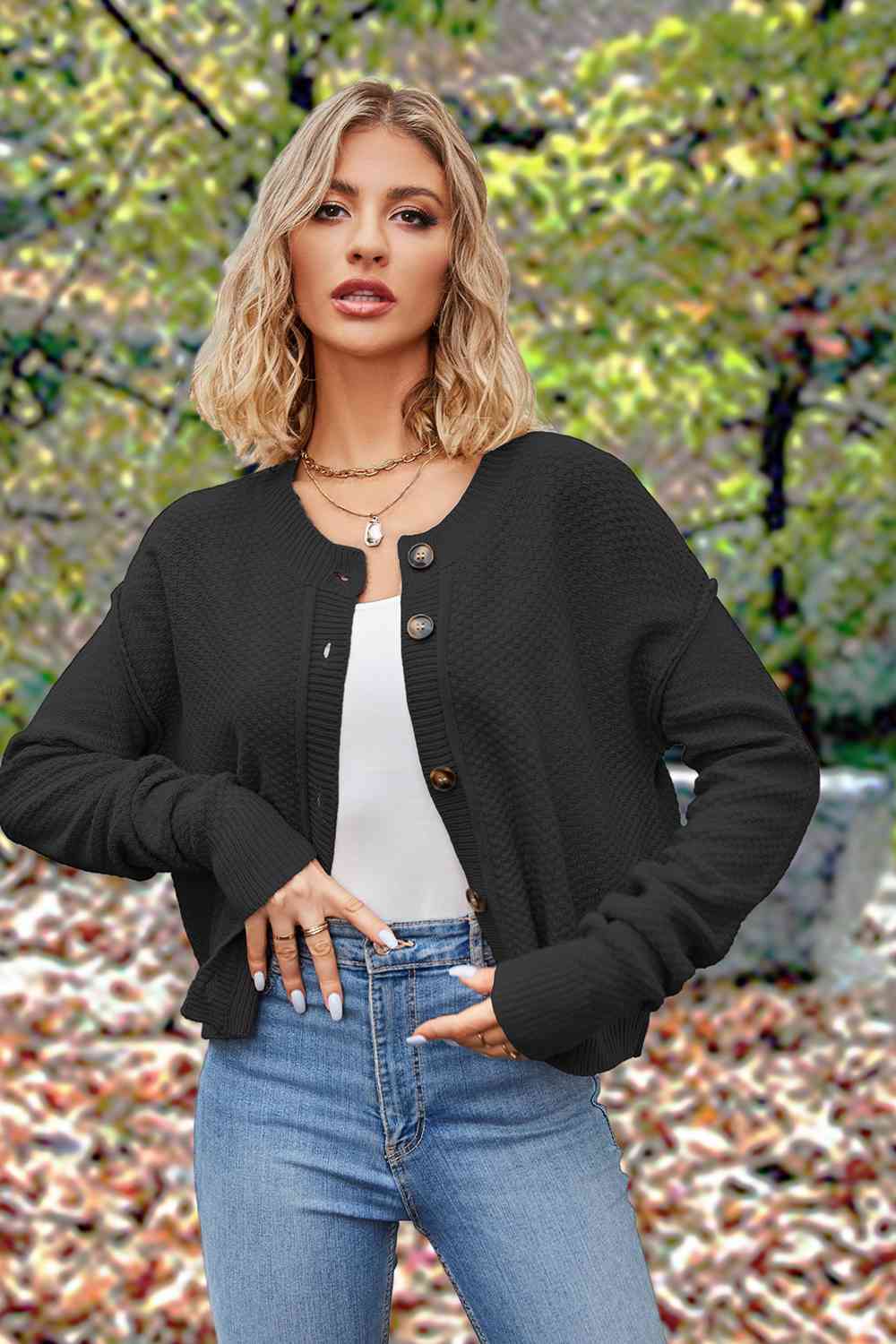 Button Up Round Neck Drop Shoulder Cardigan