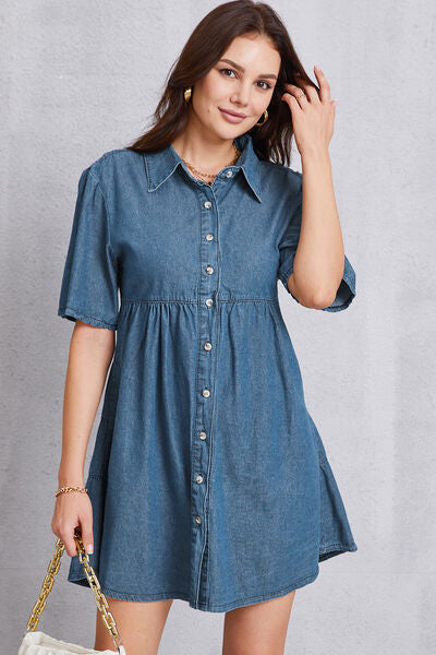 Button Up Collared Neck Tiered Denim Dress