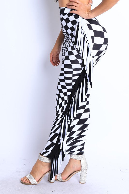 Checkered maxi skirt with fringe detail