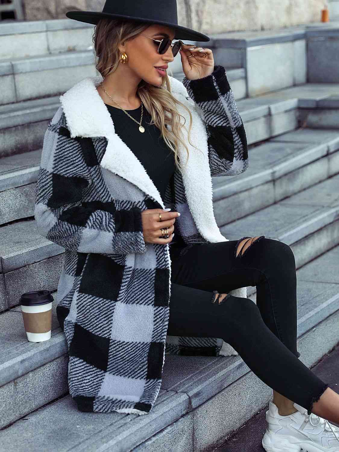 Plaid Open Front Coat with Pockets