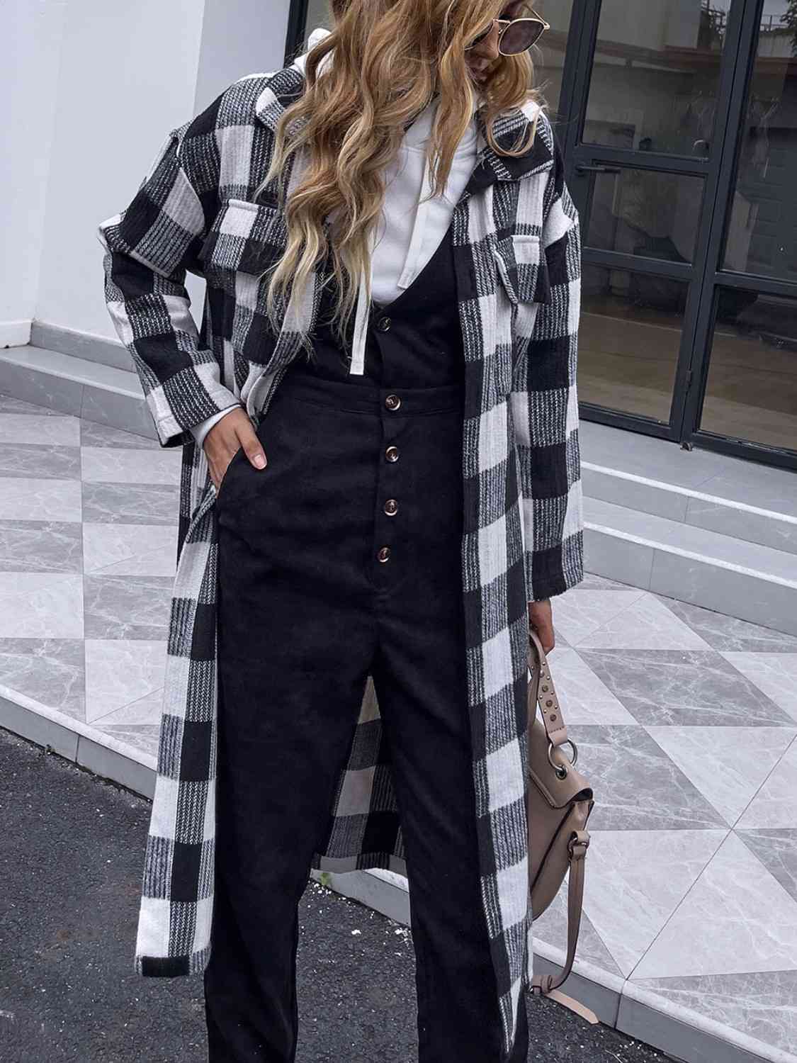 Plaid Collared Neck Slit Longline Coat