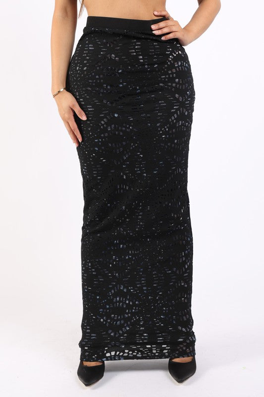 Laser cut maxi skirt with tie dye print mesh