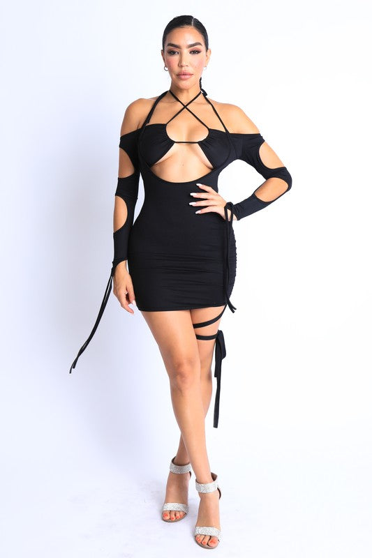 Cut Out String Detailed Off shoulder Halter Mini