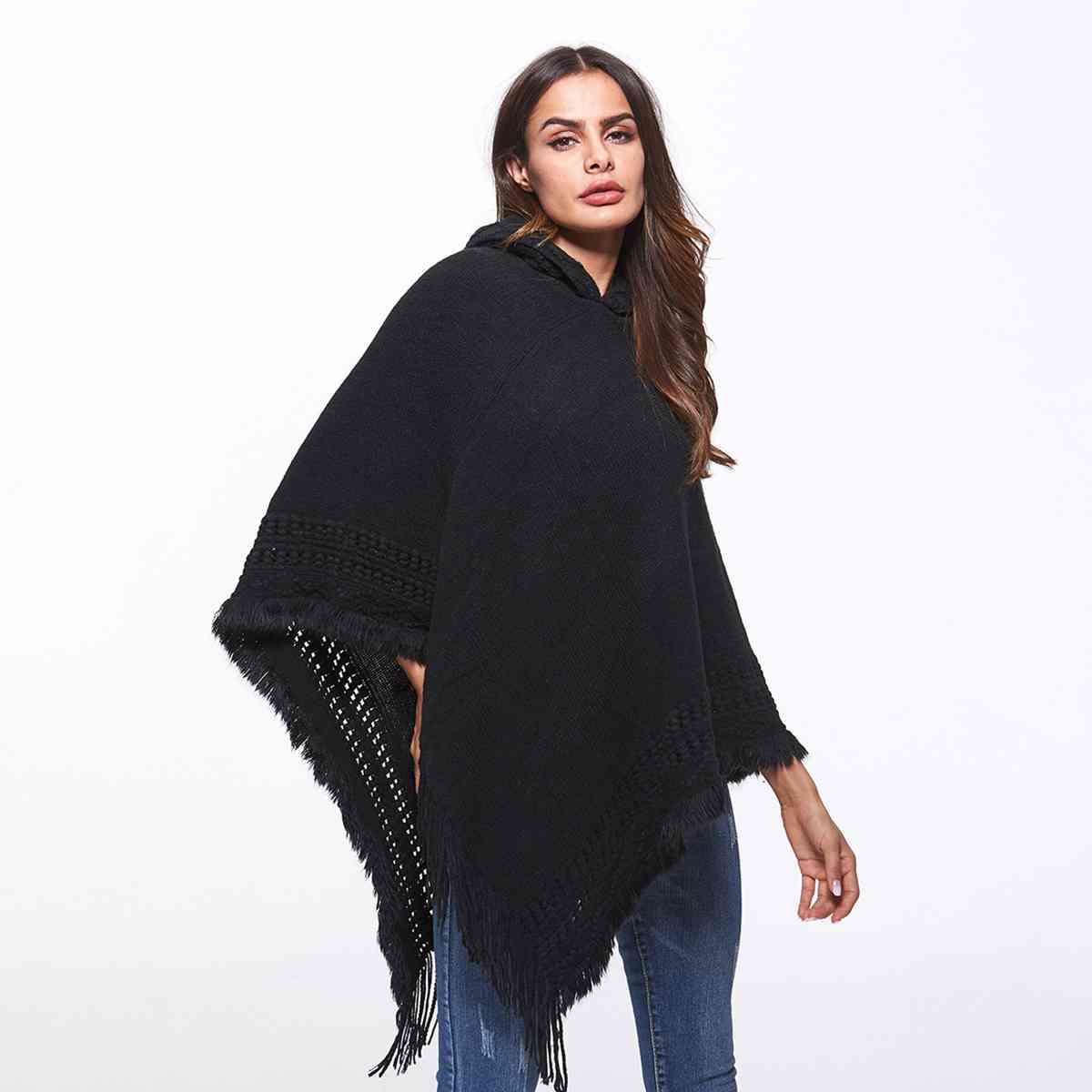 Openwork Fringe Hem Hooded Poncho