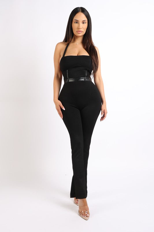 Matte PU lace up detailed jumpsuit