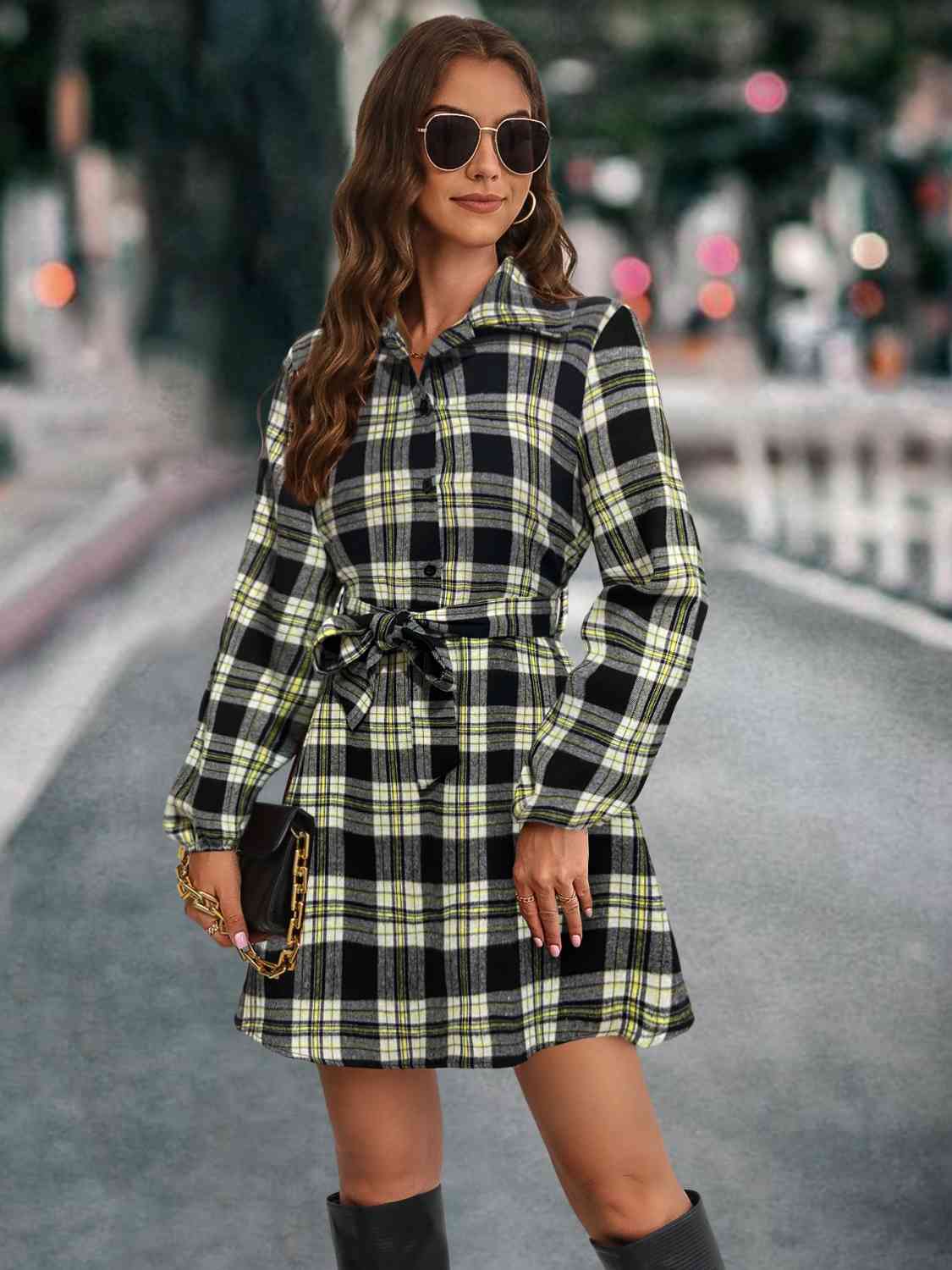 Plaid Tie Front Collared Neck Long Sleeve Dress