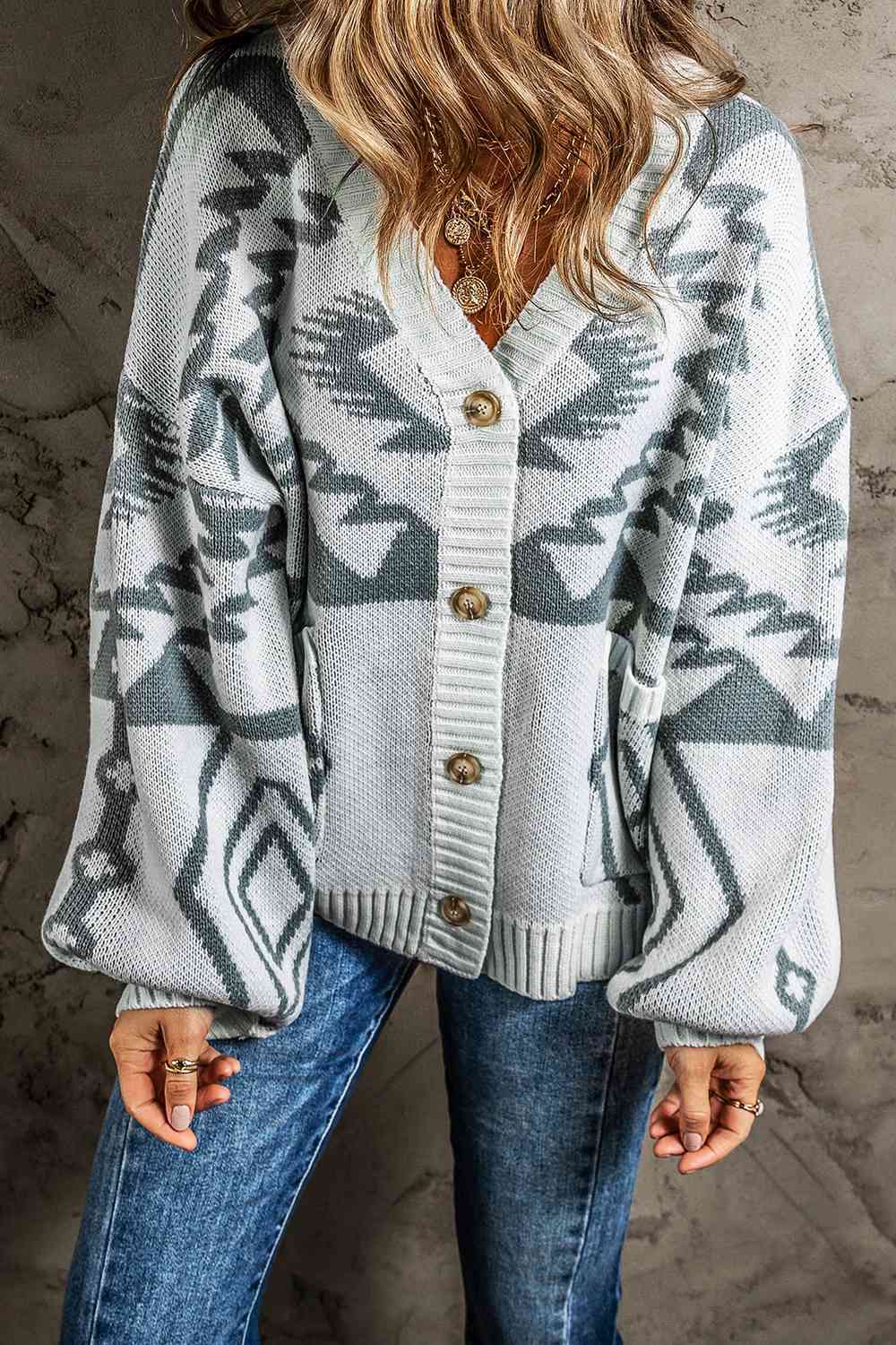 Printed Button Up V-Neck Long Sleeve Cardigan