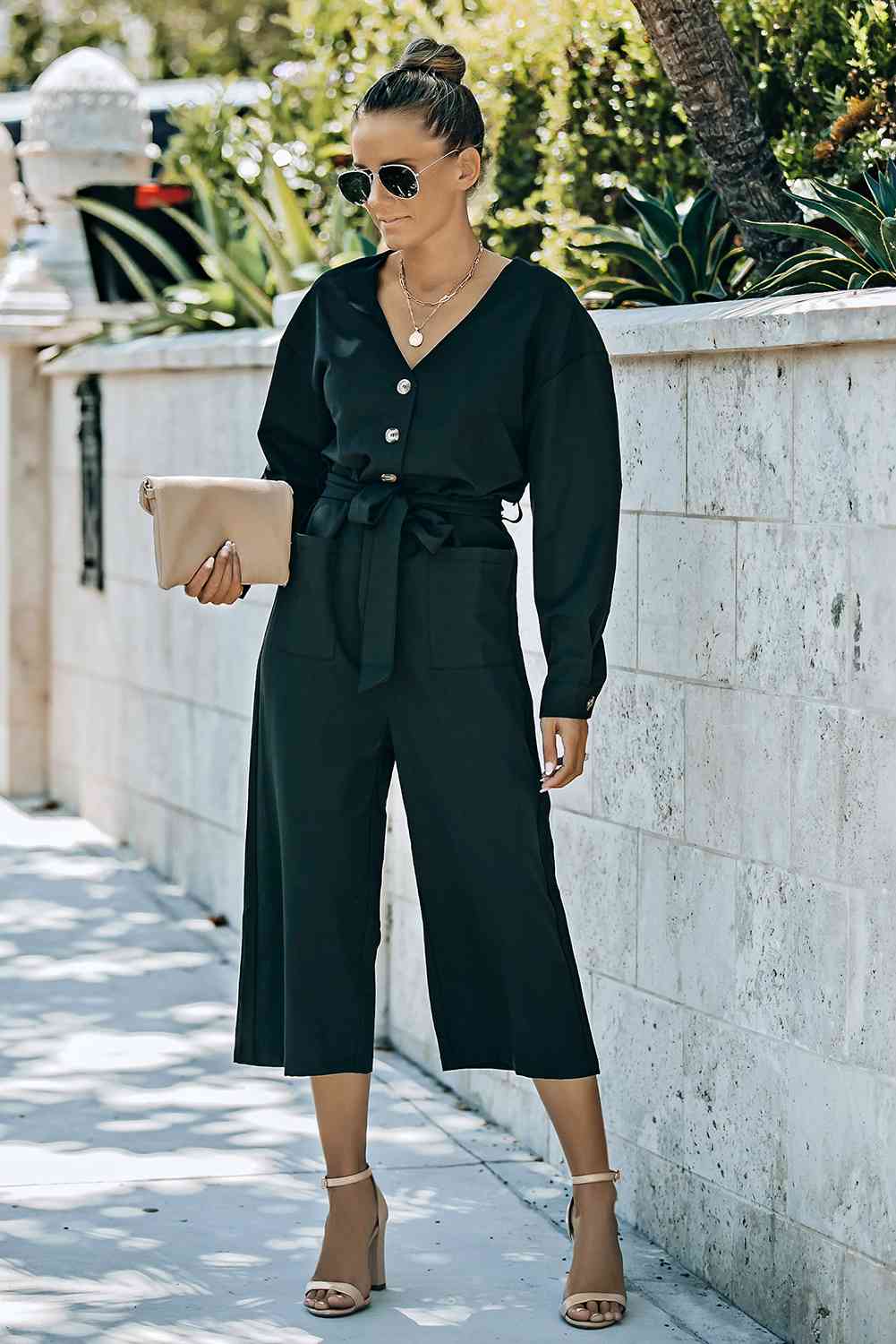 Belted Button Front Cropped Jumpsuit