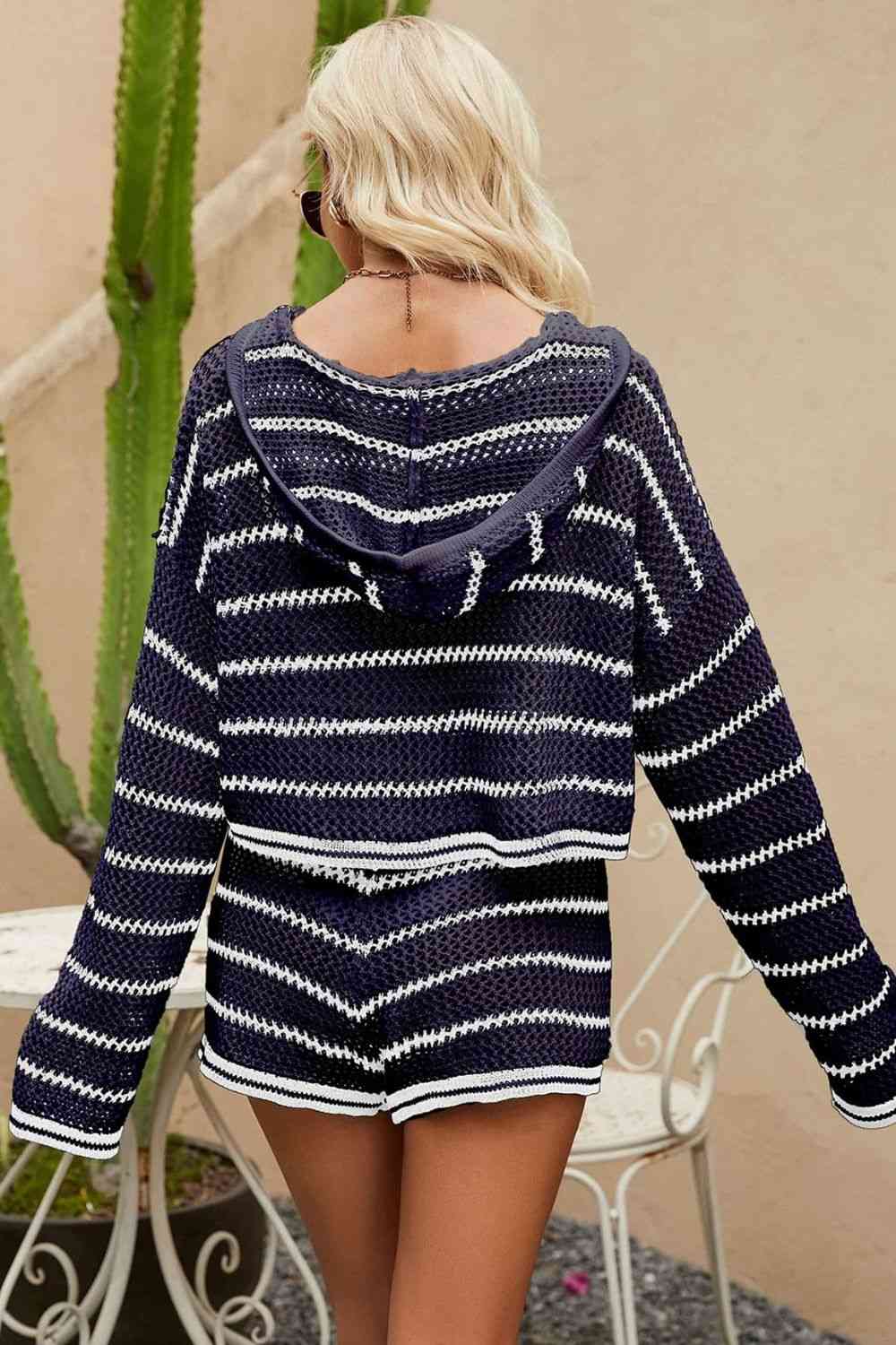 Striped Openwork Knit Hoodie and Shorts Set