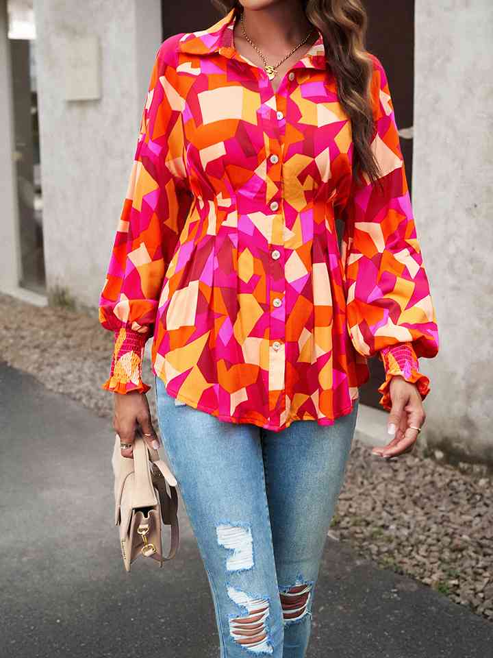 Printed Button-Up Lantern Sleeve Shirt